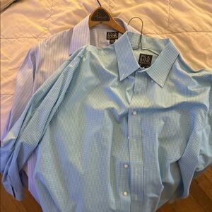 Jos. A Banks 1 Light Blue gingham and 1 light blue w/navy pinstripe Dress Shirts